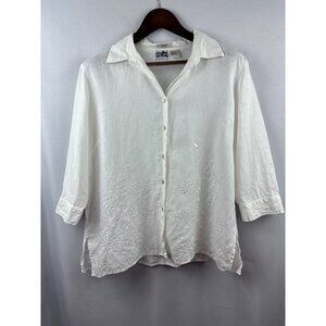 Women’s Edward XL Irish Linen Shell Button Up White Floral Embroidery 3 Quarter